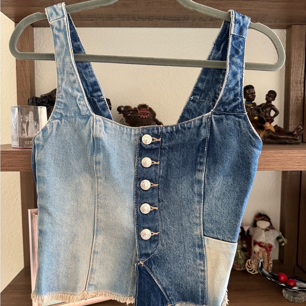Zara Two-Tone Denim Button-Front Crop Top - Light Blue & Dark Blue